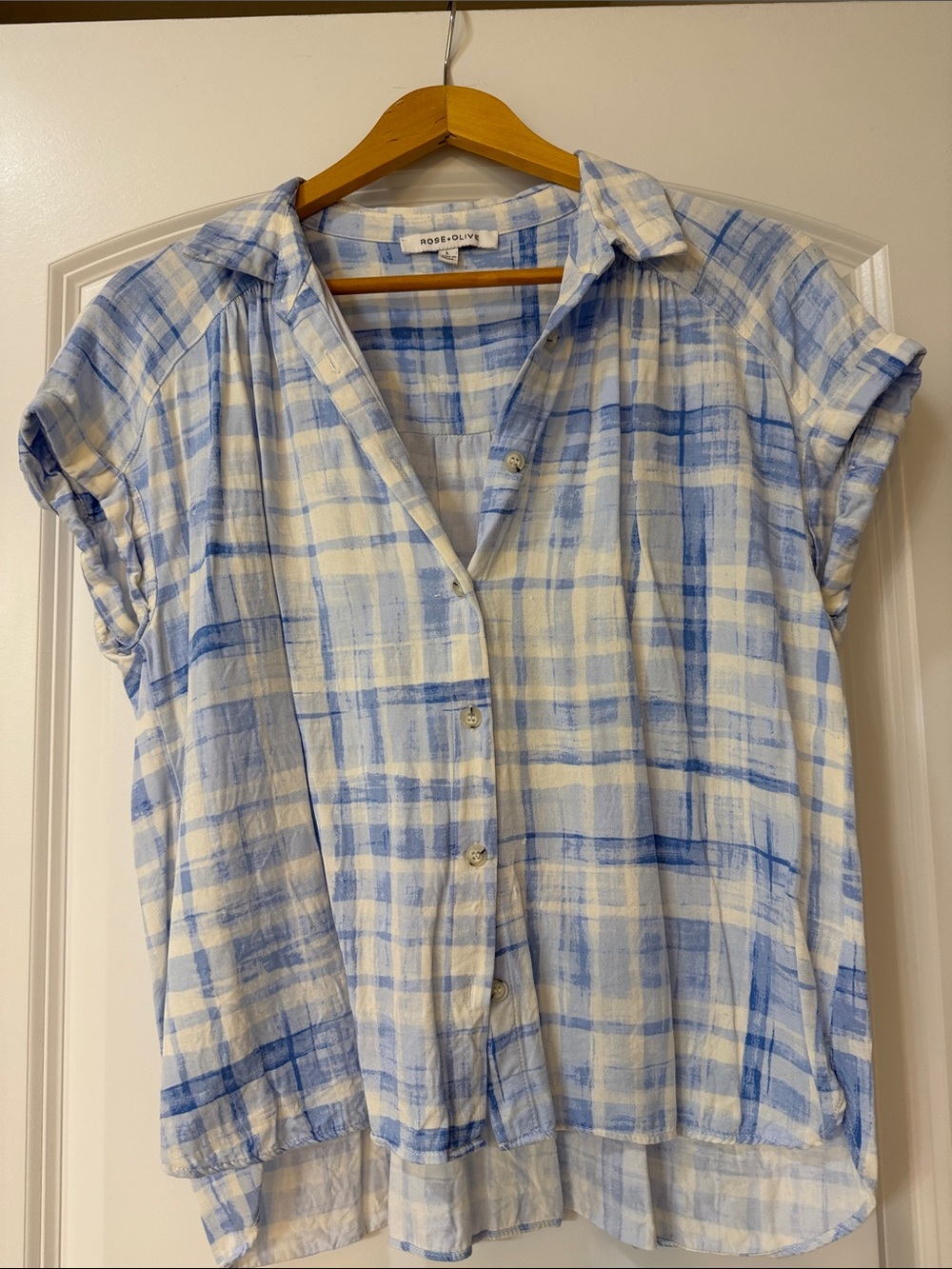 Rose & Olive Light Blue and White Plaid Short Sleeve Button-Up Shirt